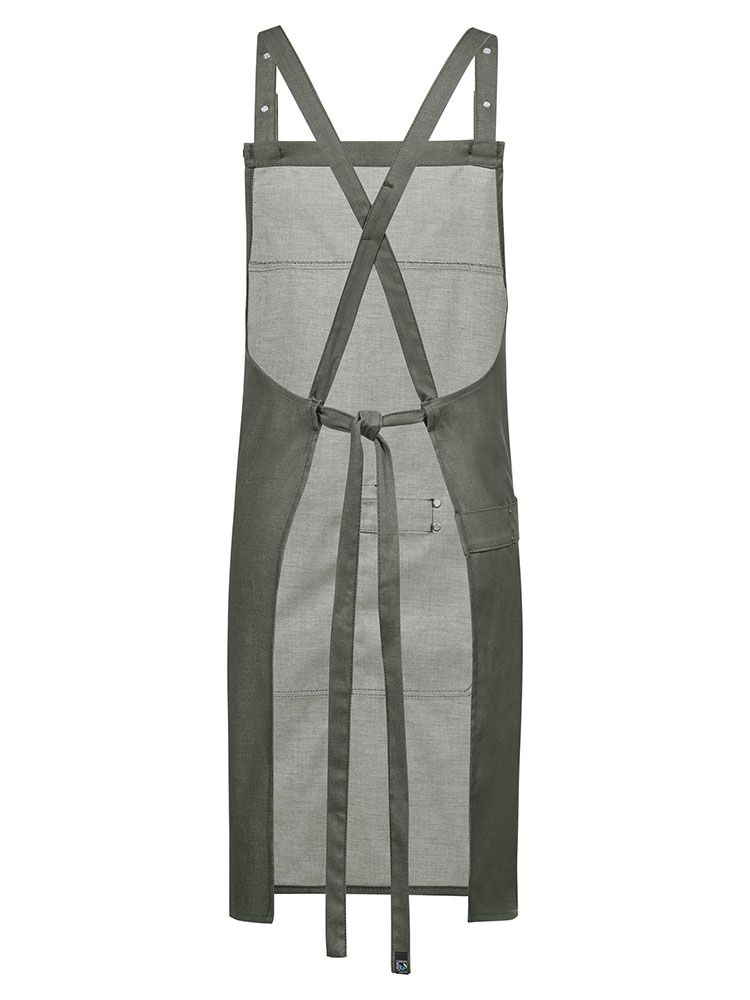 Grüne Latzschürze in Denim-Optik mit verstellbarem Nackenband, aufgesetzten Taschen und Geschirrtuchschlaufe – ideal für Gastronomie, Floristen und Verkauf