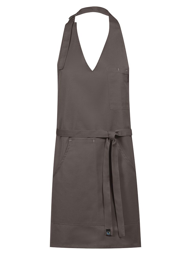 Damen Latzschürze Braun mit V-Ausschnitt, aufgesetzten Taschen und verstellbarem Halsband – ideal für Gastronomie, Catering, Bäckereien und Lebensmittelhandel