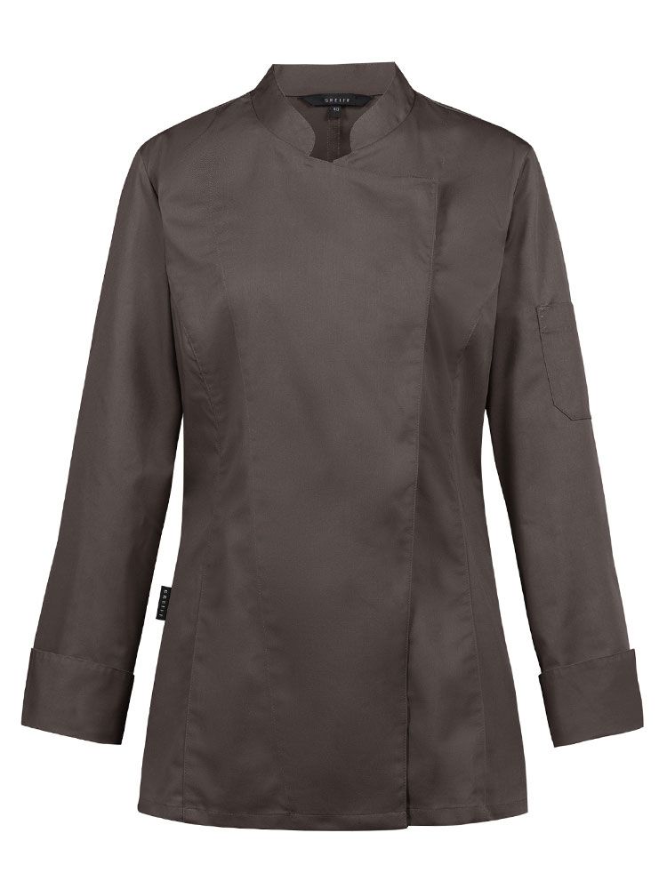 Kochjacke Damen Langarm Braun – strapazierfähige Arbeitsjacke mit verdeckter Druckknopfleiste, Lüftungslöchern und Armtasche für Gastronomie, Bäckerei und Catering