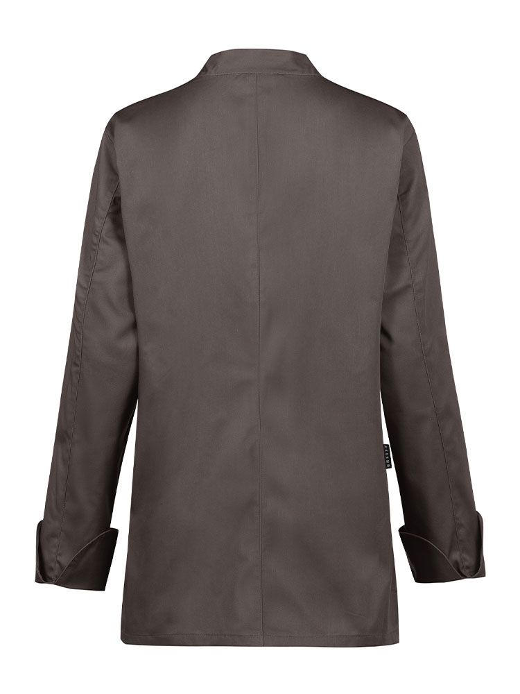 Kochjacke Damen Langarm Braun – strapazierfähige Arbeitsjacke mit verdeckter Druckknopfleiste, Lüftungslöchern und Armtasche für Gastronomie, Bäckerei und Catering
