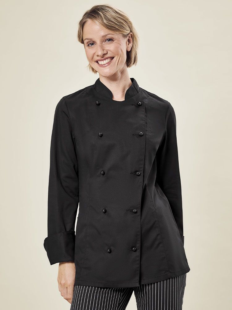 Kochjacke Damen Schwarz mit Stehkragen und figurbetontem Schnitt – moderne Berufsbekleidung für Köchinnen