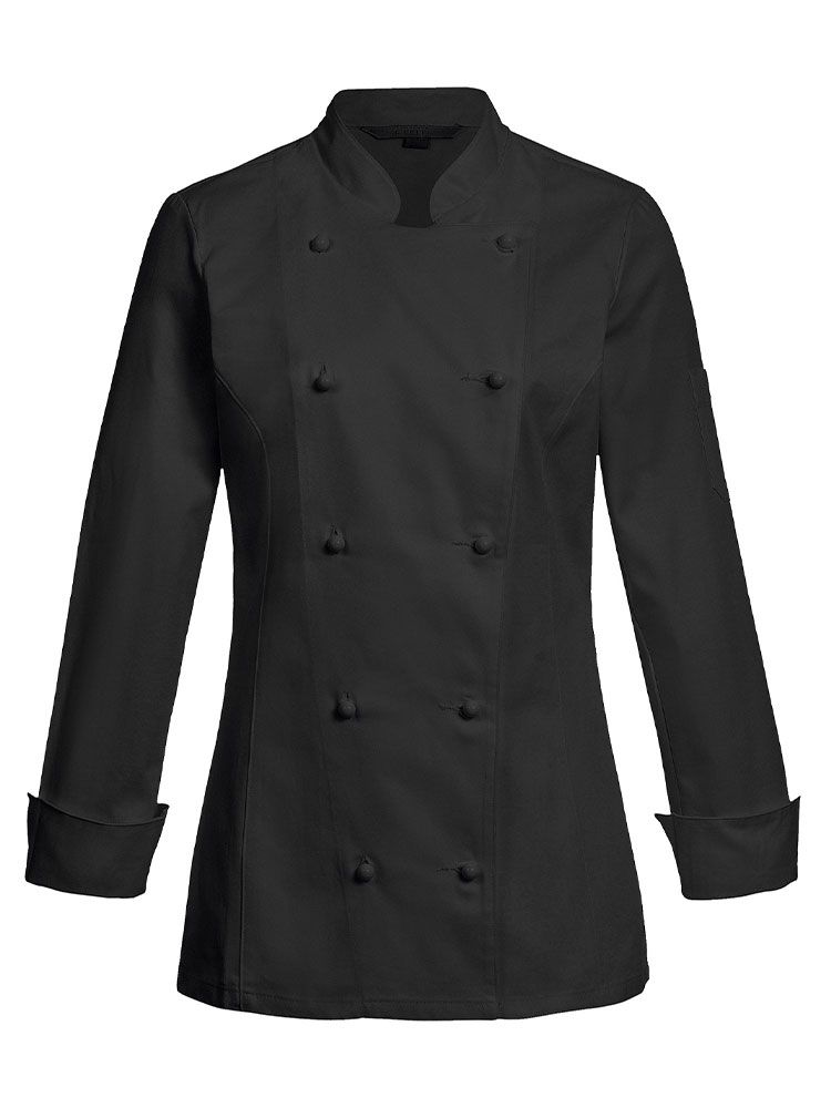 Kochjacke Damen Schwarz mit Stehkragen und figurbetontem Schnitt – moderne Berufsbekleidung für Köchinnen