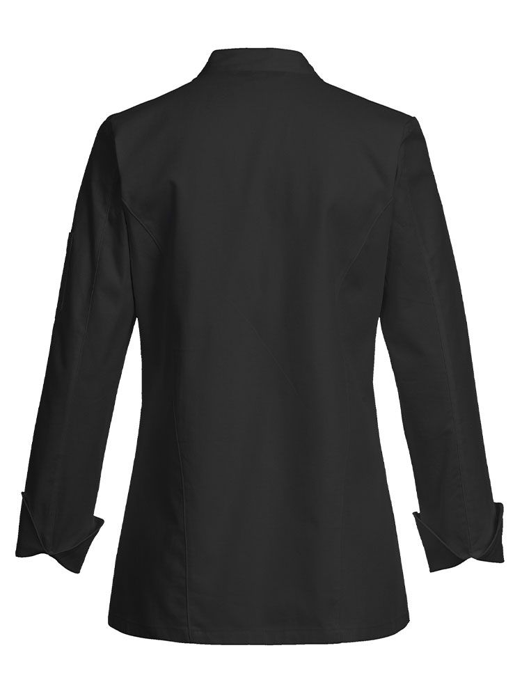 Kochjacke Damen Schwarz mit Stehkragen und figurbetontem Schnitt – moderne Berufsbekleidung für Köchinnen