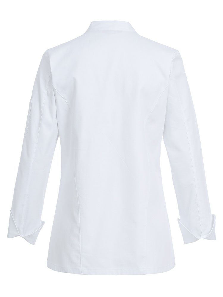 Figurbetonte Kochjacke Damen günstig in Weiß mit Stehkragen und Wiener Nähten – moderne Berufsbekleidung für die Küche