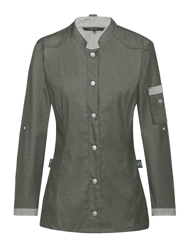 Ausgefallene Damen Kochjacke in Olivgrün mit Bikerstyle, Stehkragen und Druckknöpfen