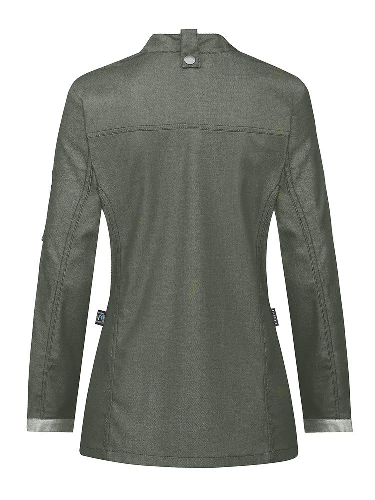 Ausgefallene Damen Kochjacke in Olivgrün mit Bikerstyle, Stehkragen und Druckknöpfen