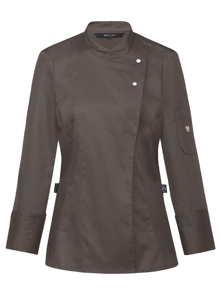 Moderne Kochjacke Damen Braun mit tailliertem Schnitt, Lüftungslöchern und Jerseyrücken