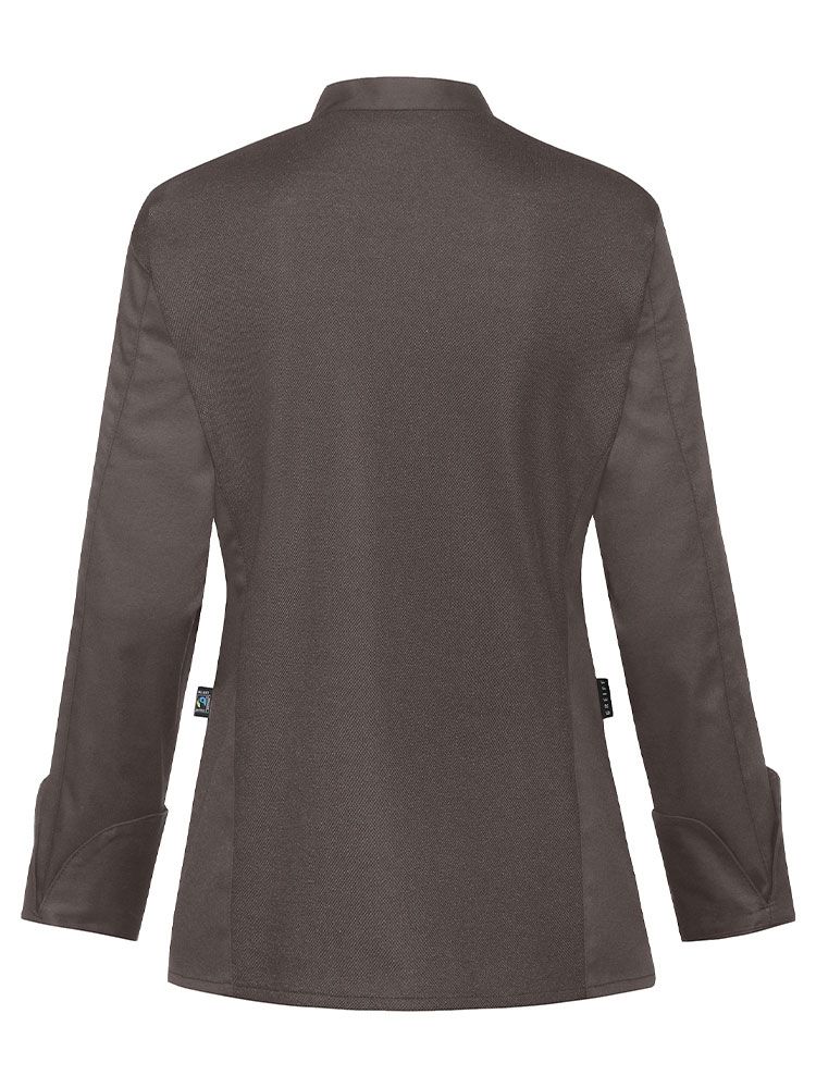 Moderne Kochjacke Damen Braun mit tailliertem Schnitt, Lüftungslöchern und Jerseyrücken