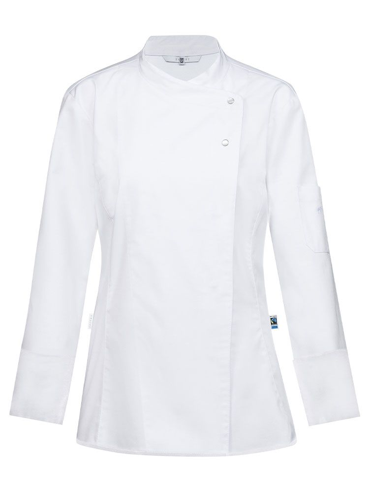 Moderne Kochjacke Damen Weiß mit femininer Passform, Jerseyrücken und verdeckten Druckknöpfen