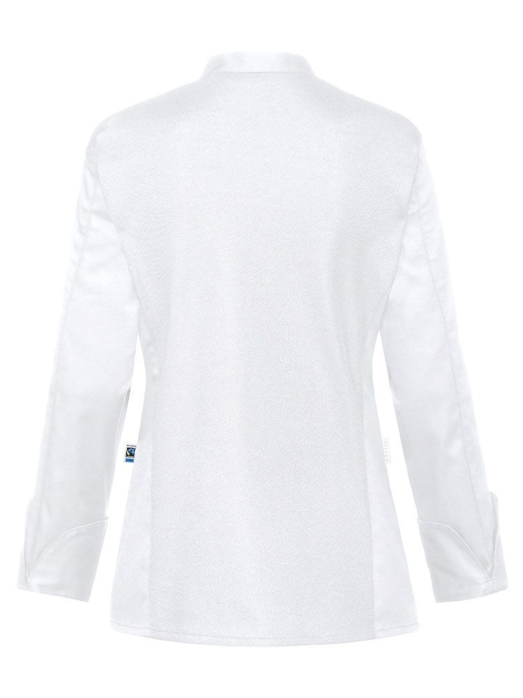 Moderne Kochjacke Damen Weiß mit femininer Passform, Jerseyrücken und verdeckten Druckknöpfen