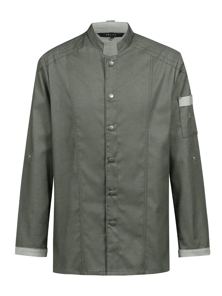 Grüne Kochjacke für Herren im Bikerstyle mit Druckknöpfen und Stehkragen