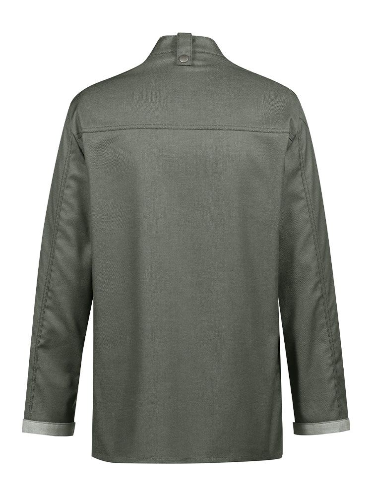 Grüne Kochjacke für Herren im Bikerstyle mit Druckknöpfen und Stehkragen