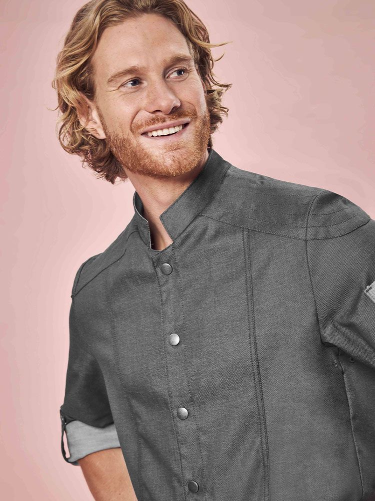 Grüne Kochjacke für Herren im Bikerstyle mit Druckknöpfen und Stehkragen