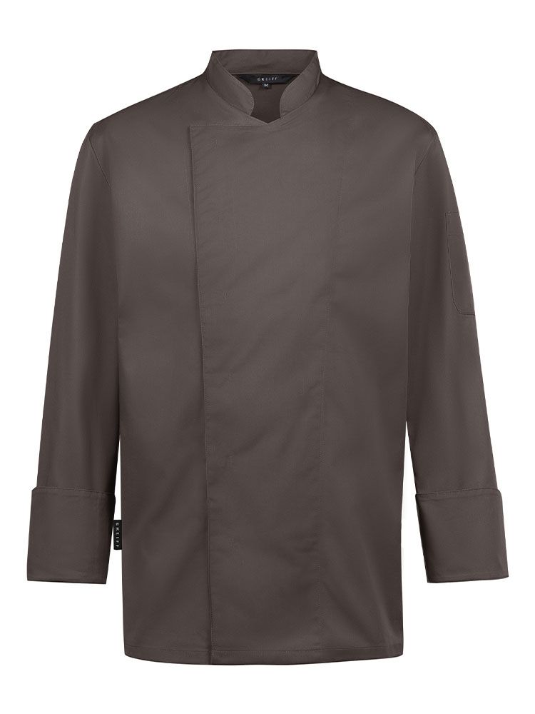 Kochjacke Herren Langarm in Braun mit verdeckten Druckknöpfen, Armtasche und Lüftungslöchern – strapazierfähige und pflegeleichte Berufsbekleidung für Köche, Bäcker und Konditoren.