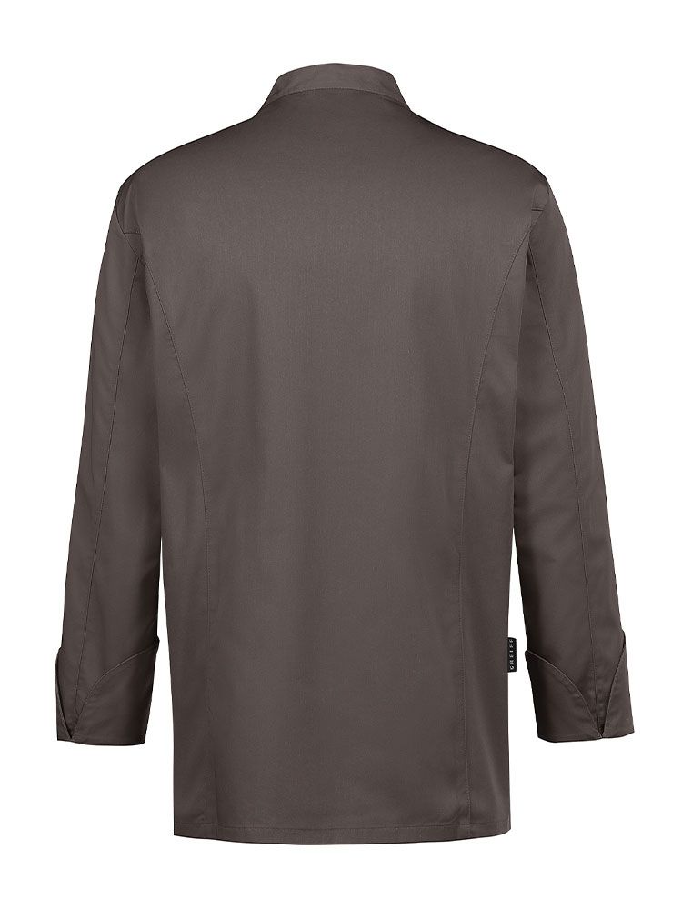 Kochjacke Herren Langarm in Braun mit verdeckten Druckknöpfen, Armtasche und Lüftungslöchern – strapazierfähige und pflegeleichte Berufsbekleidung für Köche, Bäcker und Konditoren.