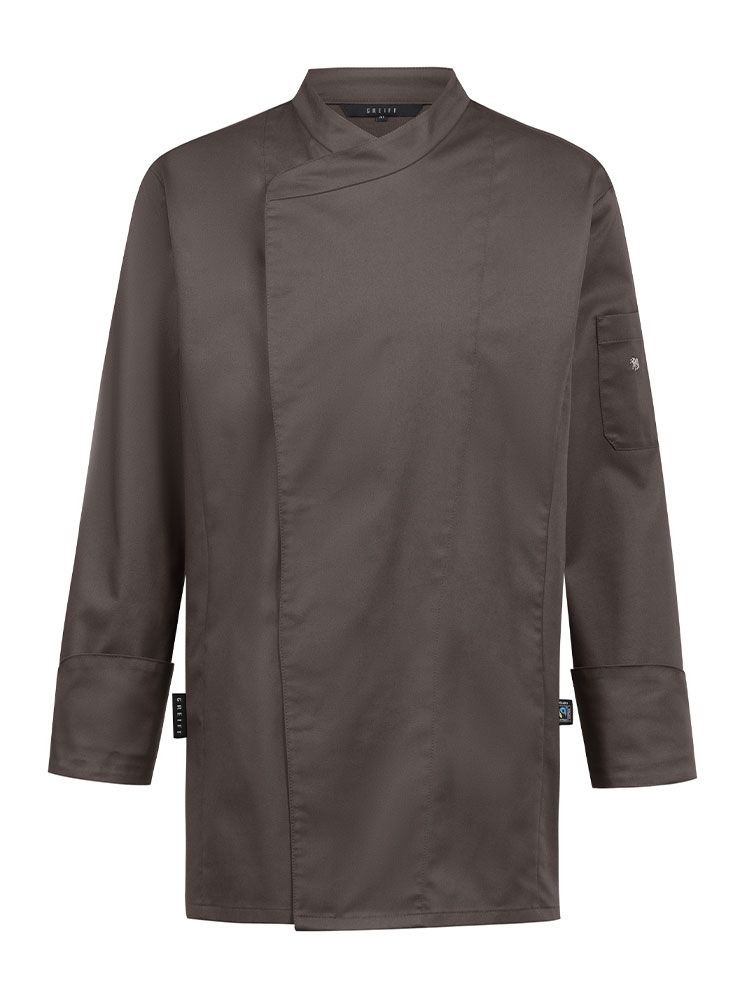 Hochwertige Herren-Kochjacke in Braun mit Jersey-Rücken, verdeckter Druckknopfleiste und Armtasche – atmungsaktive und flexible Arbeitskleidung für Köche, Bäcker und Gastronomen