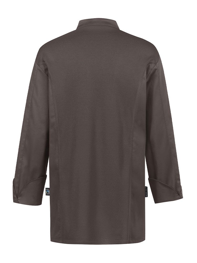 Hochwertige Herren-Kochjacke in Braun mit Jersey-Rücken, verdeckter Druckknopfleiste und Armtasche – atmungsaktive und flexible Arbeitskleidung für Köche, Bäcker und Gastronomen