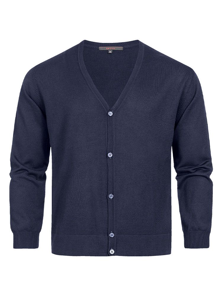 Strickjacke Herren Business in Blau mit V-Ausschnitt und Knopfleiste von Greiff