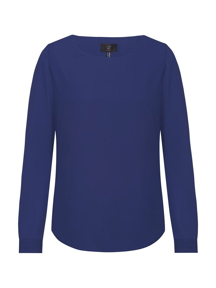 Damen Chiffon-Bluse Langarm Regular Fit in marine, mit Rundhalsausschnitt und schmaler Manschette