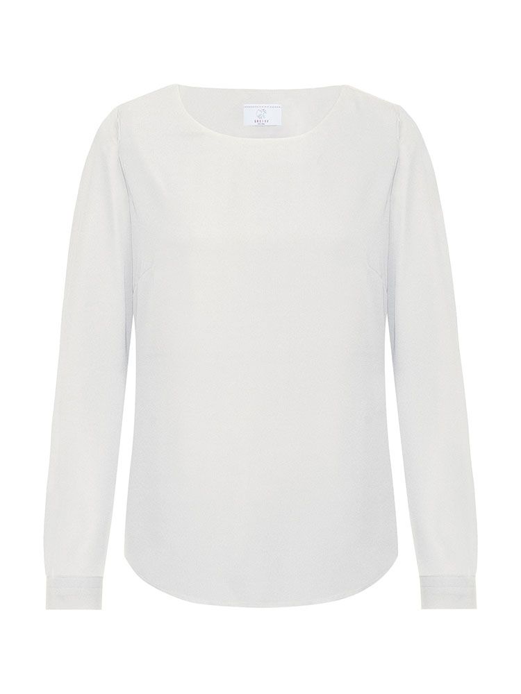 Damen Chiffon-Bluse Langarm Regular Fit in Offwhite, mit Rundhalsausschnitt und schmaler Manschette