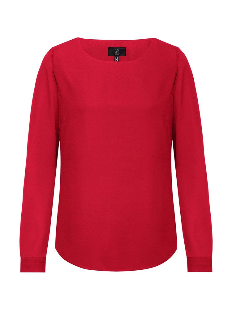 Damen Chiffon-Bluse Langarm Regular Fit in rot, mit Rundhalsausschnitt und schmaler Manschette