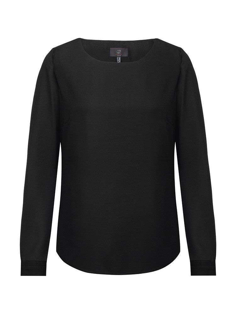 Damen Chiffon-Bluse Langarm Regular Fit in schwarz, mit Rundhalsausschnitt und schmaler Manschette