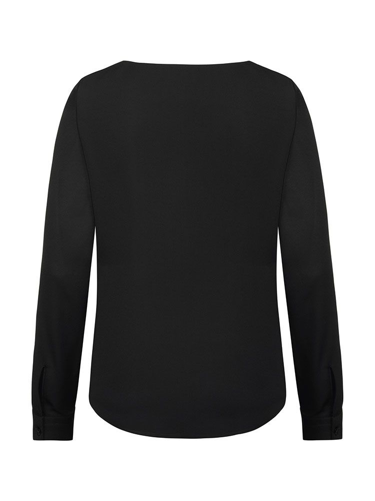 Damen Chiffon-Bluse Langarm Regular Fit in schwarz, mit Rundhalsausschnitt und schmaler Manschette