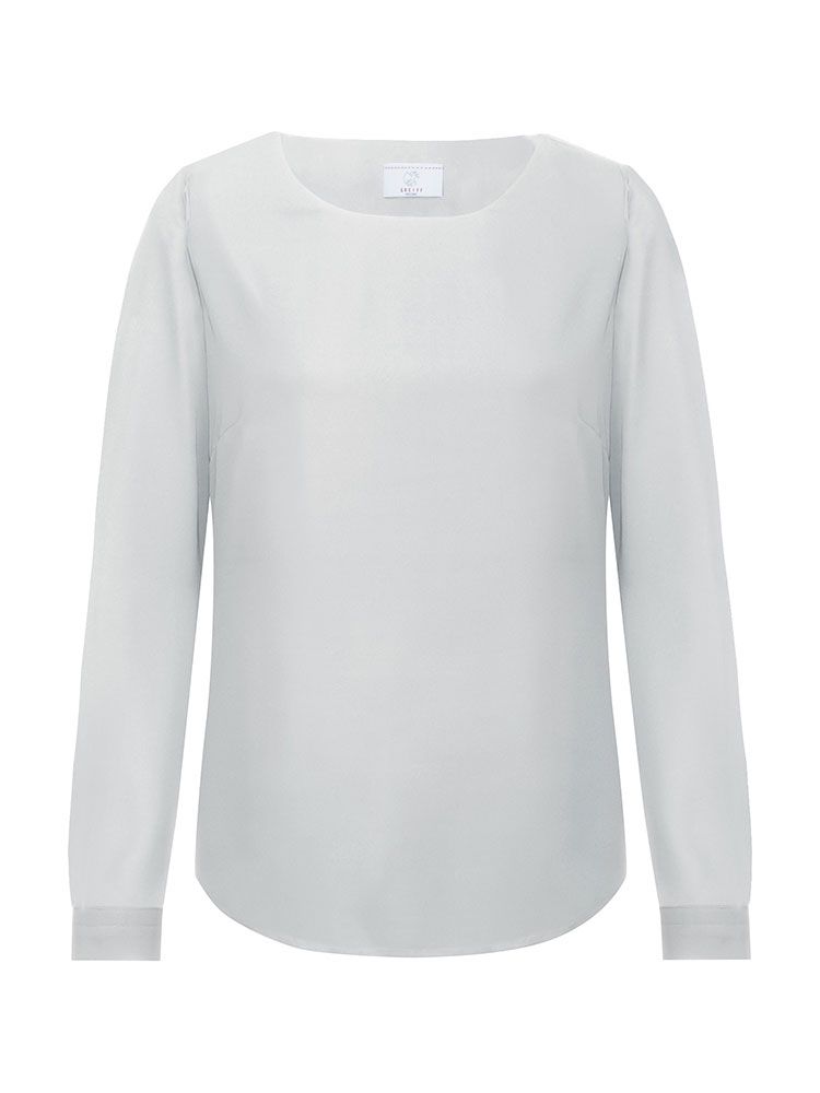 Damen Chiffon-Bluse Langarm Regular Fit in grau, mit Rundhalsausschnitt und schmaler Manschette