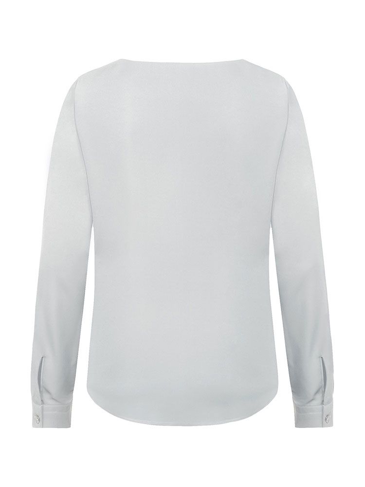 Damen Chiffon-Bluse Langarm Regular Fit in grau, mit Rundhalsausschnitt und schmaler Manschette