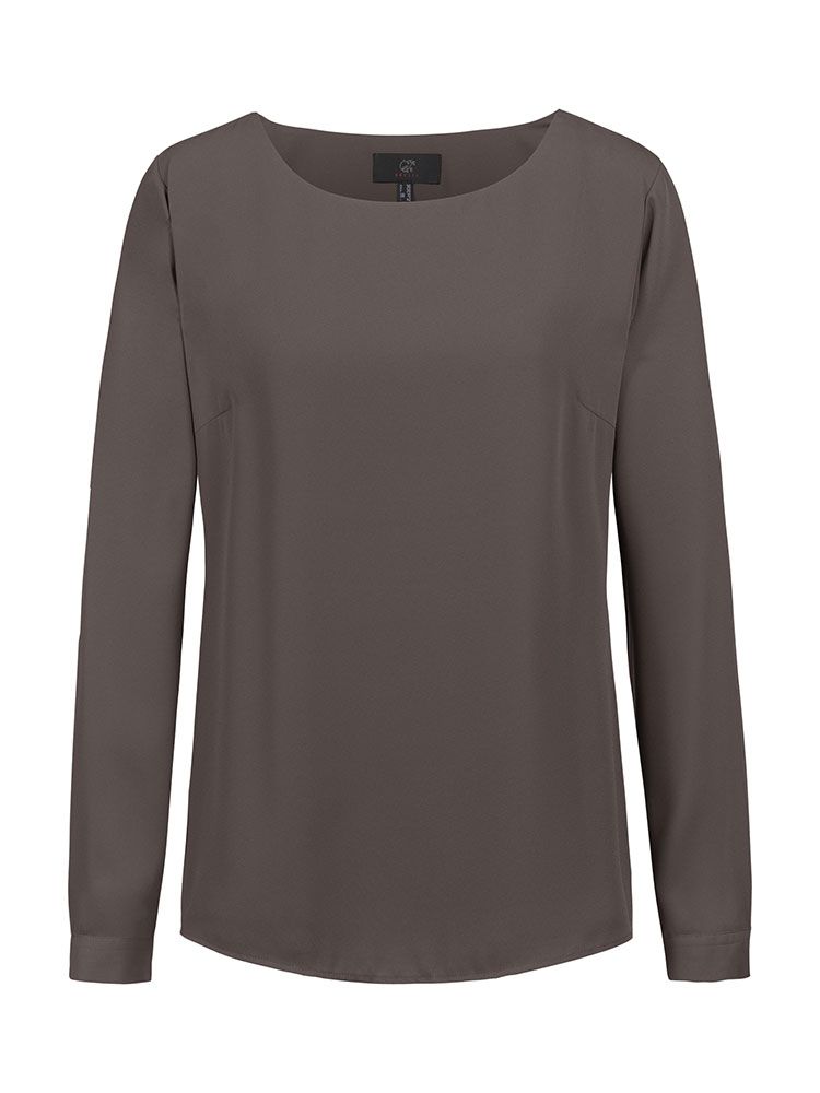 Damen Chiffon-Bluse Langarm Regular Fit in taupe, mit Rundhalsausschnitt und schmaler Manschette