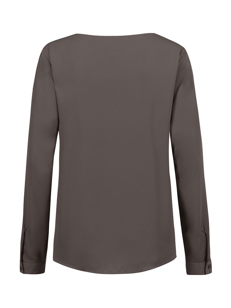 Damen Chiffon-Bluse Langarm Regular Fit in taupe, mit Rundhalsausschnitt und schmaler Manschette