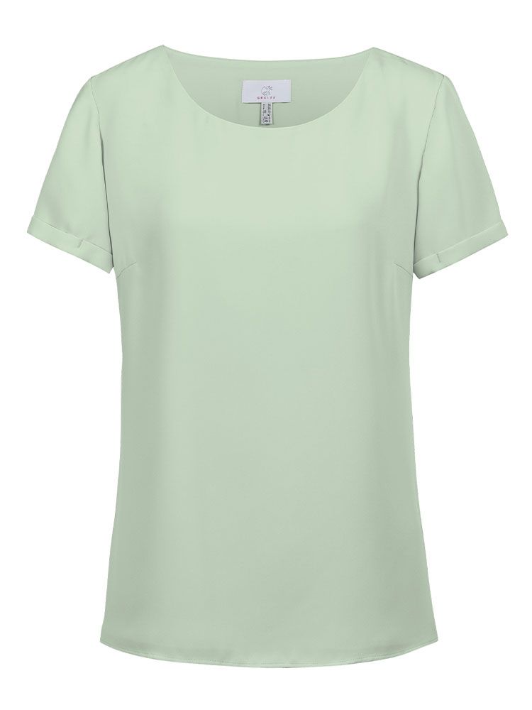 Mintfrüne Damen-Chiffonbluse mit kurzem Arm, fließendem Stoff und modernem T-Shirt-Schnitt für Business und Service.