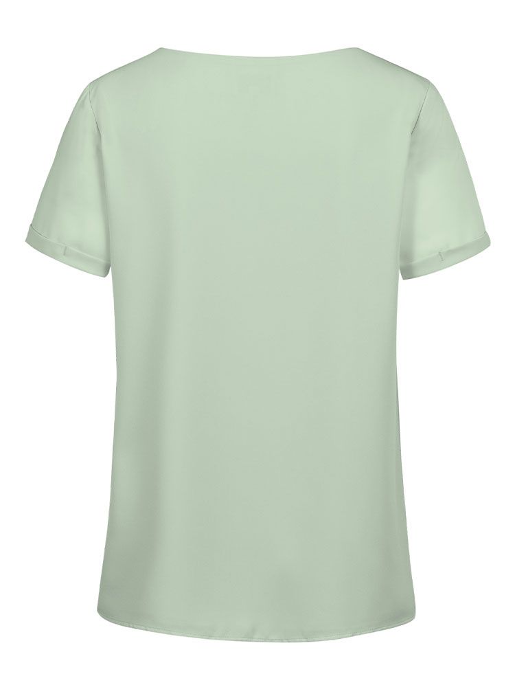 Mintfrüne Damen-Chiffonbluse mit kurzem Arm, fließendem Stoff und modernem T-Shirt-Schnitt für Business und Service.
