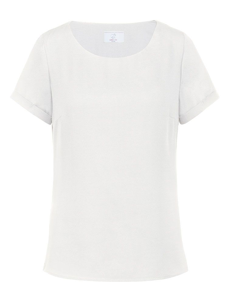 Weiße Damen-Chiffonbluse mit kurzem Arm, fließendem Stoff und modernem T-Shirt-Schnitt für Business und Service.