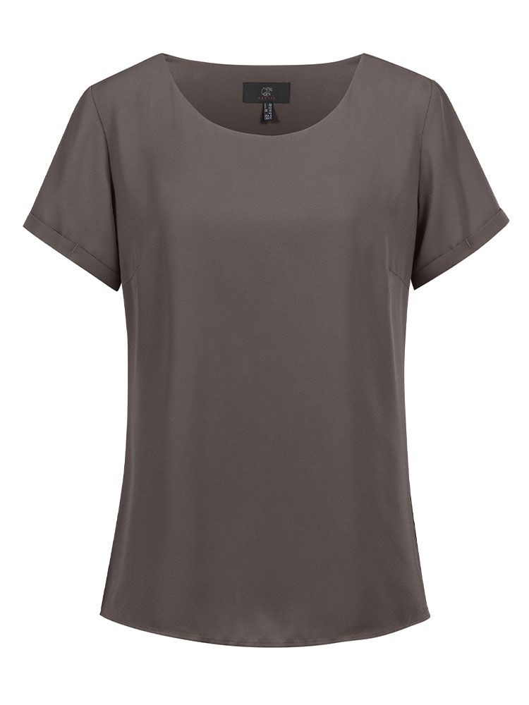 Chocolate braune Damen-Chiffonbluse mit kurzem Arm, fließendem Stoff und modernem T-Shirt-Schnitt für Business und Service