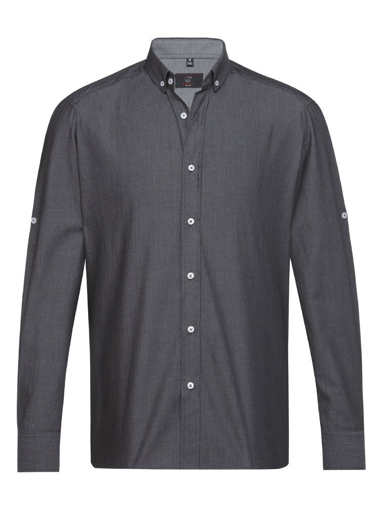 Herren Jeanshemd Regular Fit in Grau mit Button-Down-Kragen, Krempelärmeln und seitlichem Kontrasteinsatz – Arbeitshemd für Gastronomie, Hotel und Service.