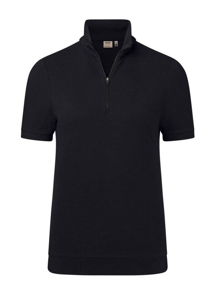 Schwarzes Damen Zip-Shirt aus Piqué mit figurbetonter Passform, kurzem Reißverschluss und elastischem Bund an Saum und Ärmeln