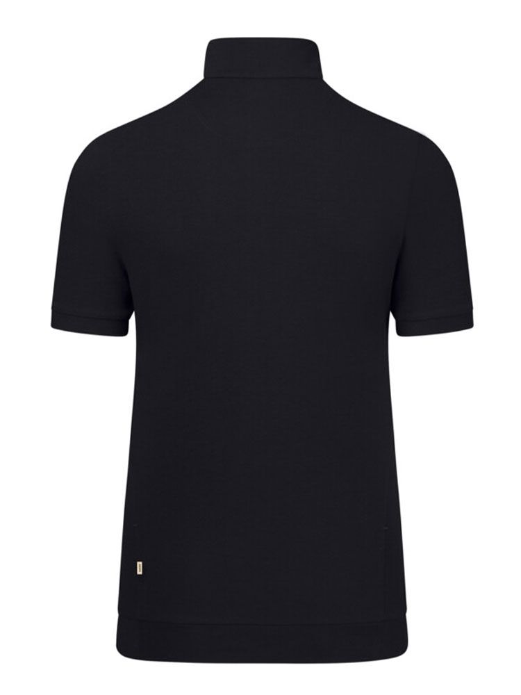 Schwarzes Damen Zip-Shirt aus Piqué mit figurbetonter Passform, kurzem Reißverschluss und elastischem Bund an Saum und Ärmeln