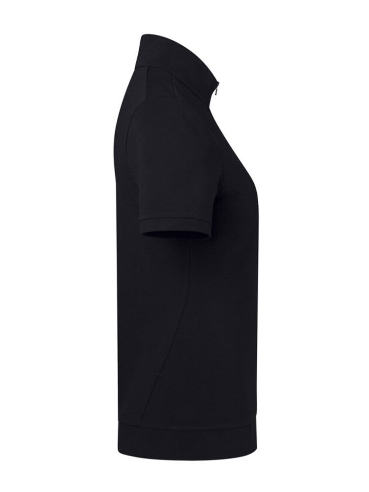 Schwarzes Damen Zip-Shirt aus Piqué mit figurbetonter Passform, kurzem Reißverschluss und elastischem Bund an Saum und Ärmeln