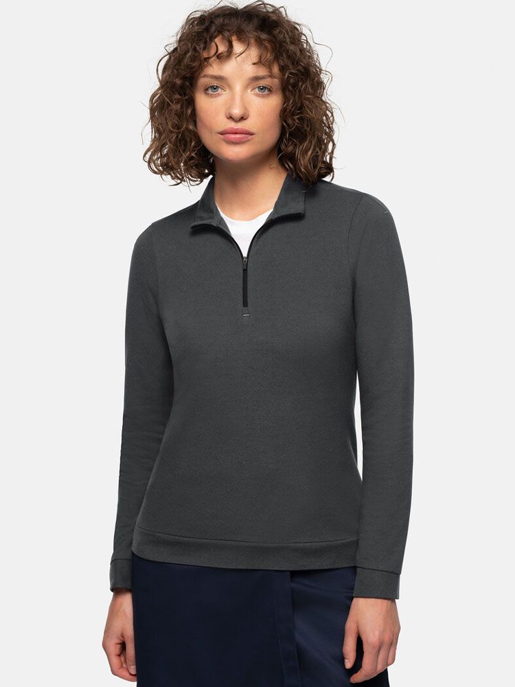 Damen Zip-Longsleeve in Grau mit 1/3-Zip und schwarzem Reißverschluss