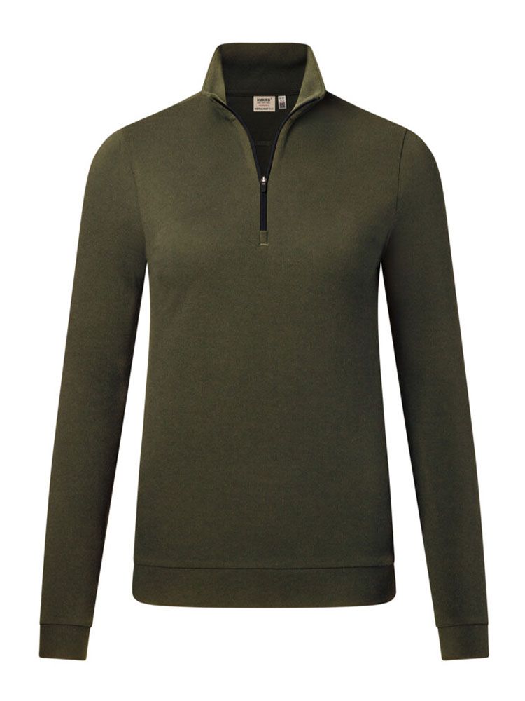 Damen Zip-Longsleeve in Olivgrün mit 1/3-Zip und schwarzem Reißverschluss