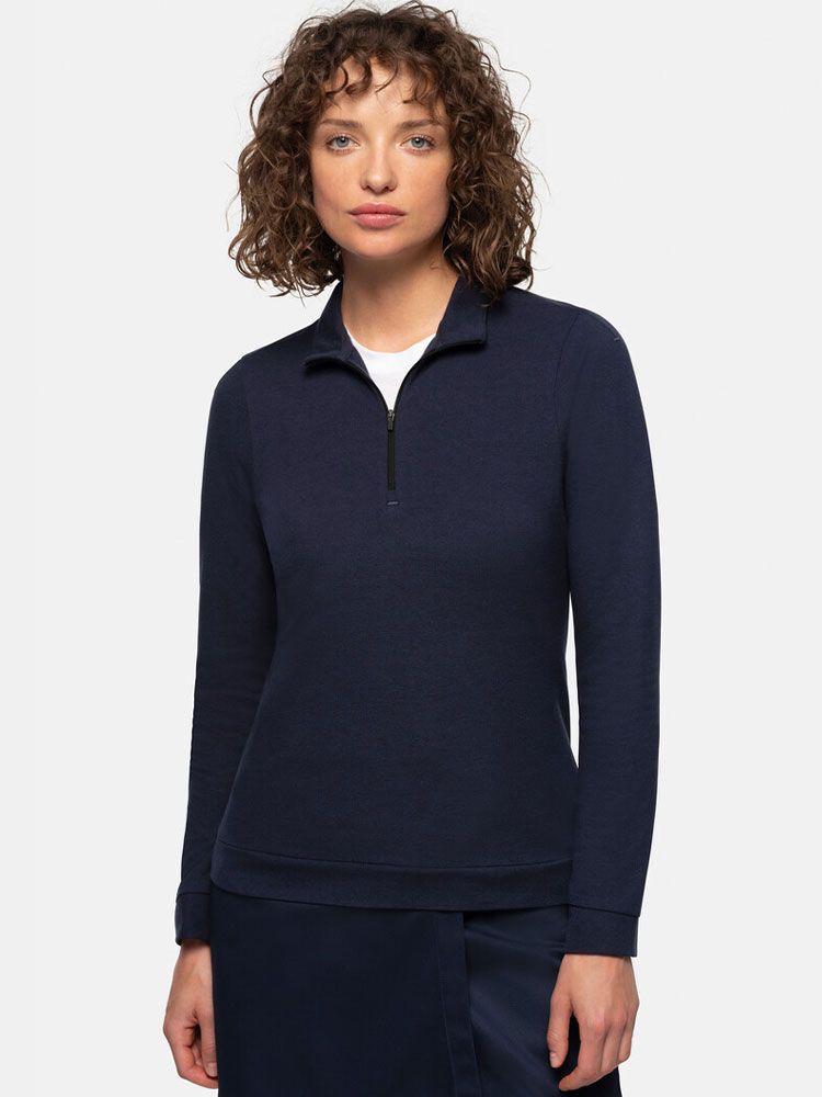 Damen Zip-Longsleeve in Dunkelblau mit 1/3-Zip und schwarzem Reißverschluss
