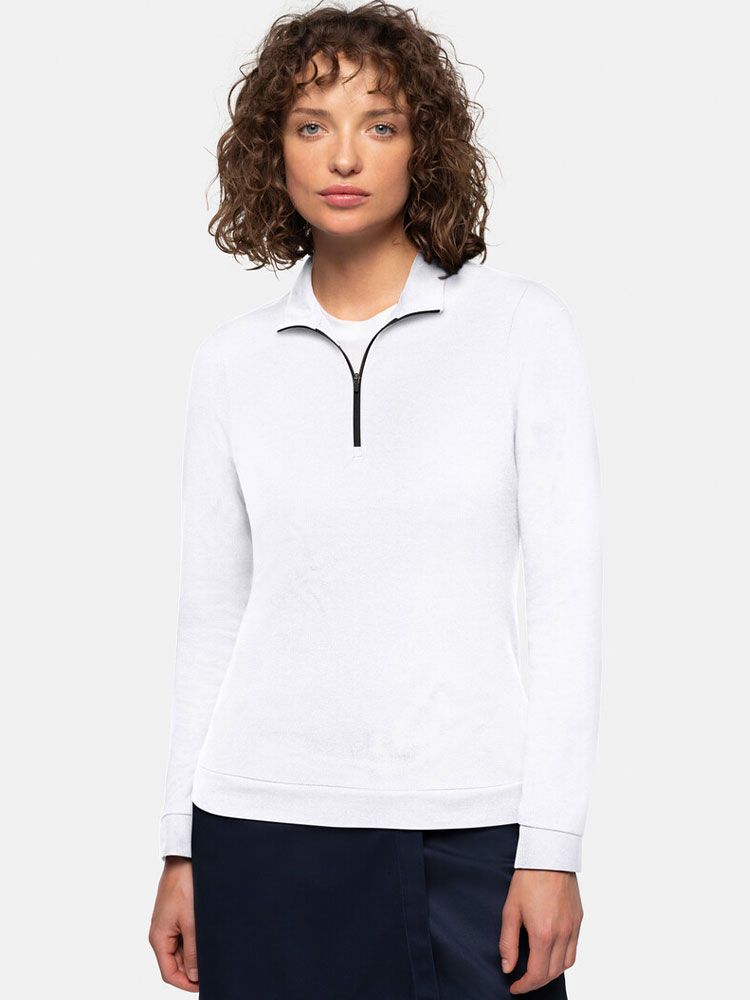 Damen Zip-Longsleeve in Weiß mit 1/3-Zip und schwarzem Reißverschluss