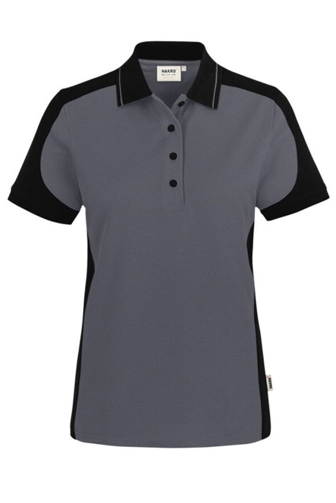 Anthrazitfarbenes Damen Arbeits Poloshirt mit schwarzen Kontrasteinsätzen und Vier-Loch-Knopfleiste – strapazierfähig und pflegeleicht für Handwerk, Pflege und Gastronomie.