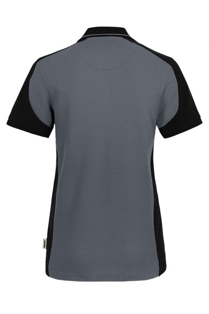 Anthrazitfarbenes Damen Arbeits Poloshirt mit schwarzen Kontrasteinsätzen und Vier-Loch-Knopfleiste – strapazierfähig und pflegeleicht für Handwerk, Pflege und Gastronomie.
