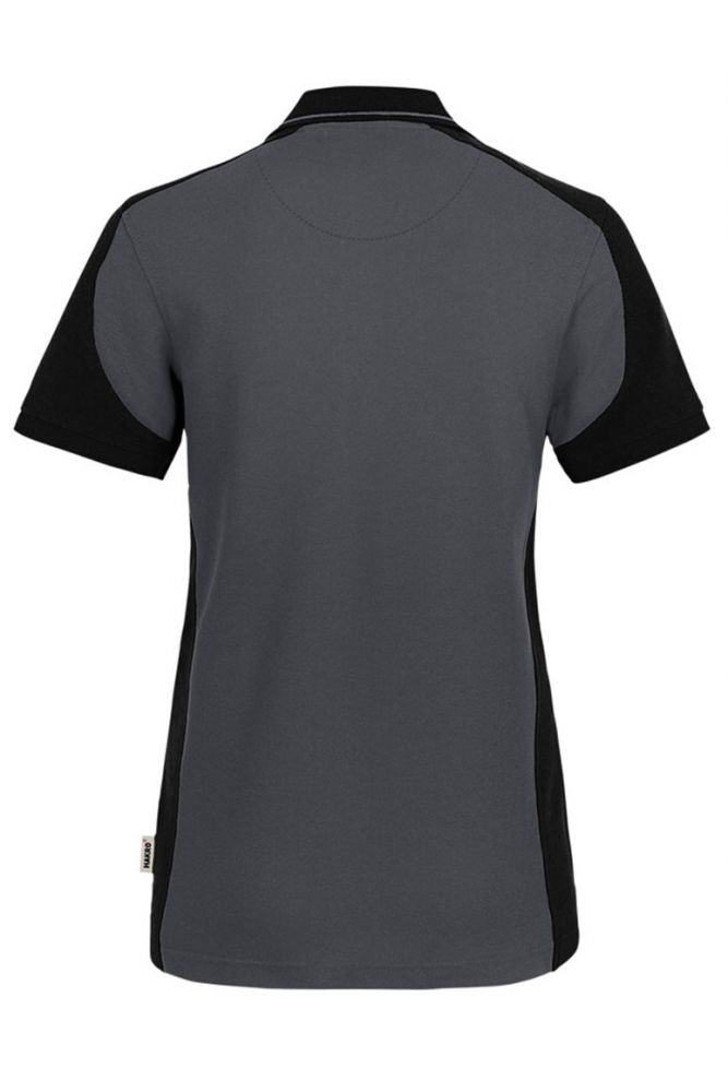 Karbongraues Damen Arbeits Poloshirt mit schwarzen Kontrasteinsätzen und Vier-Loch-Knopfleiste – strapazierfähig und pflegeleicht für Handwerk, Pflege und Gastronomie.