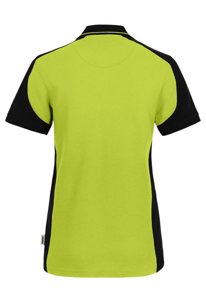 Grünes Damen Arbeits Poloshirt mit schwarzen Kontrasteinsätzen und Vier-Loch-Knopfleiste – strapazierfähig und pflegeleicht für Handwerk, Pflege und Gastronomie.