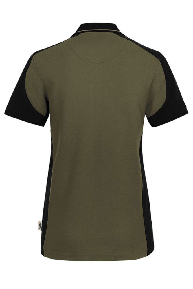 Olivgrünes Damen Arbeits Poloshirt mit schwarzen Kontrasteinsätzen und Vier-Loch-Knopfleiste – strapazierfähig und pflegeleicht für Handwerk, Pflege und Gastronomie.