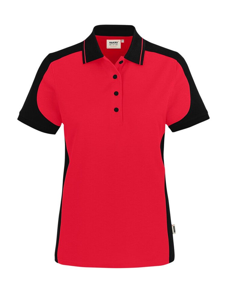 Rotes Damen Arbeits Poloshirt mit schwarzen Kontrasteinsätzen und Vier-Loch-Knopfleiste – strapazierfähig und pflegeleicht für Handwerk, Pflege und Gastronomie.