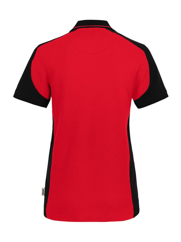 Rotes Damen Arbeits Poloshirt mit schwarzen Kontrasteinsätzen und Vier-Loch-Knopfleiste – strapazierfähig und pflegeleicht für Handwerk, Pflege und Gastronomie.